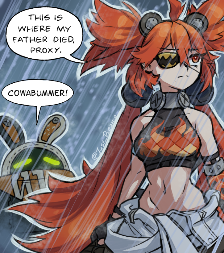 1girl, ahoge, animal_ears, asymmetrical_gloves, bangboo_(zenless_zone_zero), bare_shoulders, bear_ears, black_gloves, breasts, commentary, crop_top, elbow_gloves, english_commentary, english_text, eous_(zenless_zone_zero), eyepatch, fake_animal_ears, fingerless_gloves, flame_print, frown, gloves, hair_between_eyes, hair_ornament, holding, jumpsuit, jumpsuit_around_waist, just_dreamo, koleda_belobog, long_hair, meme, midriff, navel, orange_hair, pants, rain, red_eyes, single_elbow_glove, sleeveless, small_breasts, speech_bubble, sphere_hair_ornament, this_is_where_i_watched_my_parents_die_raphael_(meme), twintails, twitter_username, white_pants, zenless_zone_zero