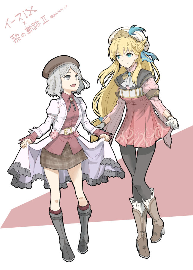 2girls, :d, agnes_claudel, ascot, belt, beret, black_footwear, black_pantyhose