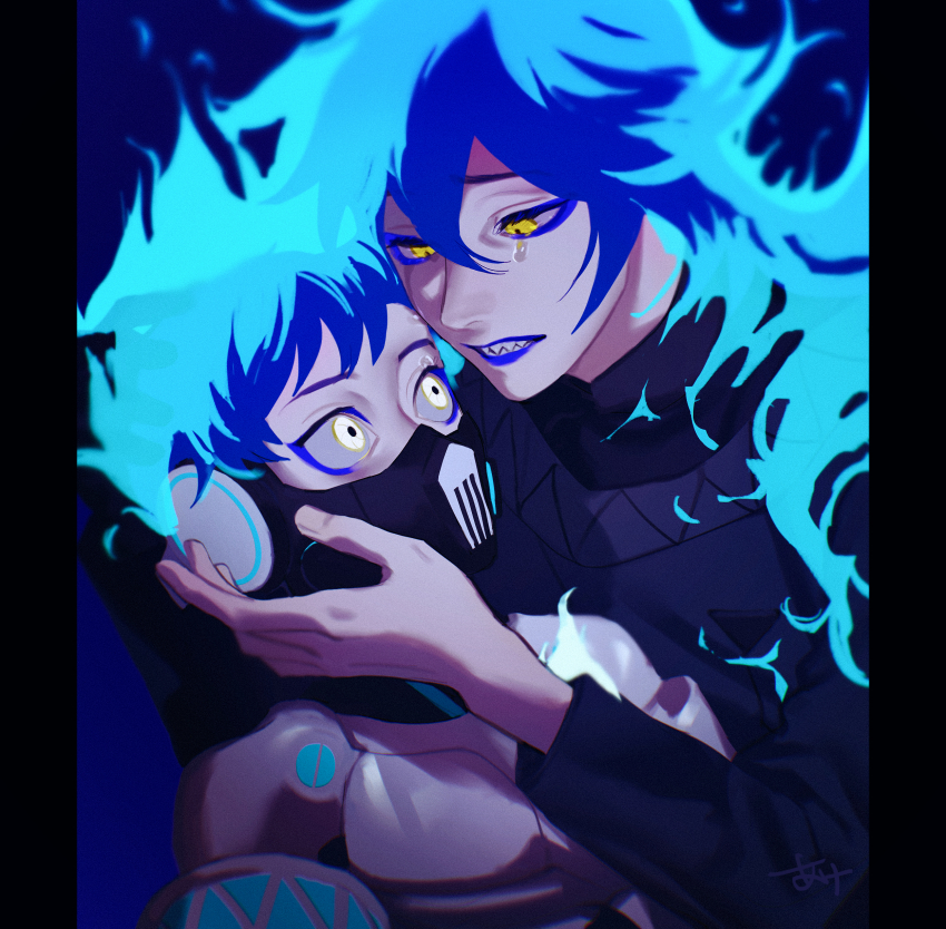 2boys, absurdres, ake_karashi, android, blue_background, blue_hair, brothers, crying