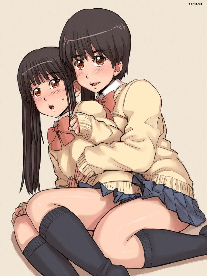 2girls, :o, ayumu_(zenkou), black_hair, black_socks, blue_skirt, blush, bow