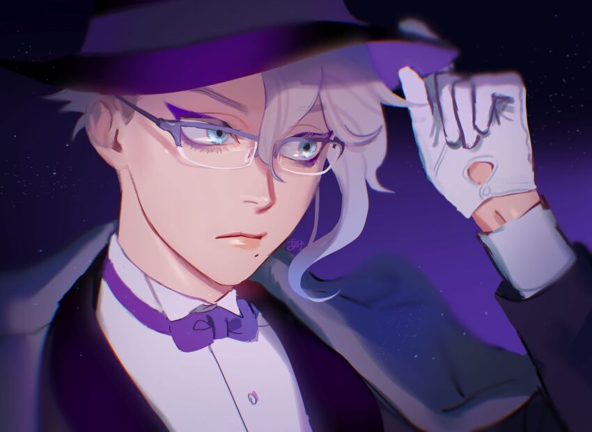 1boy, absurdres, adjusting_clothes, adjusting_headwear, ake_karashi, azul_ashengrotto, blue_eyes, coat, coat_on_shoulders, glasses, gloves, gradient_background, grey_hair, hat, highres, male_focus, mole, mole_under_mouth, purple_background, short_hair, simple_background, solo, twisted_wonderland, upper_body
