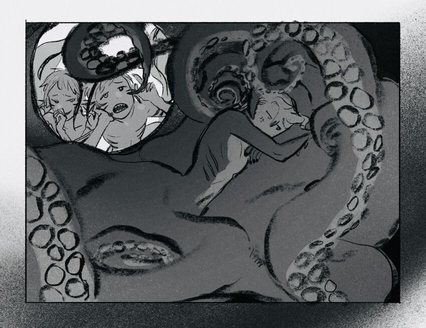 3boys, ake_karashi, azul_ashengrotto, azul_ashengrotto_(octopus), brothers, eel_boy, fins, floyd_leech, floyd_leech_(eel), gills, greyscale, head_fins, highres, jade_leech, jade_leech_(eel), lying, male_focus, monochrome, monster_boy, multiple_boys, octopus_boy, on_side, sharp_teeth, short_hair, siblings, teeth, twins, twisted_wonderland, underwater