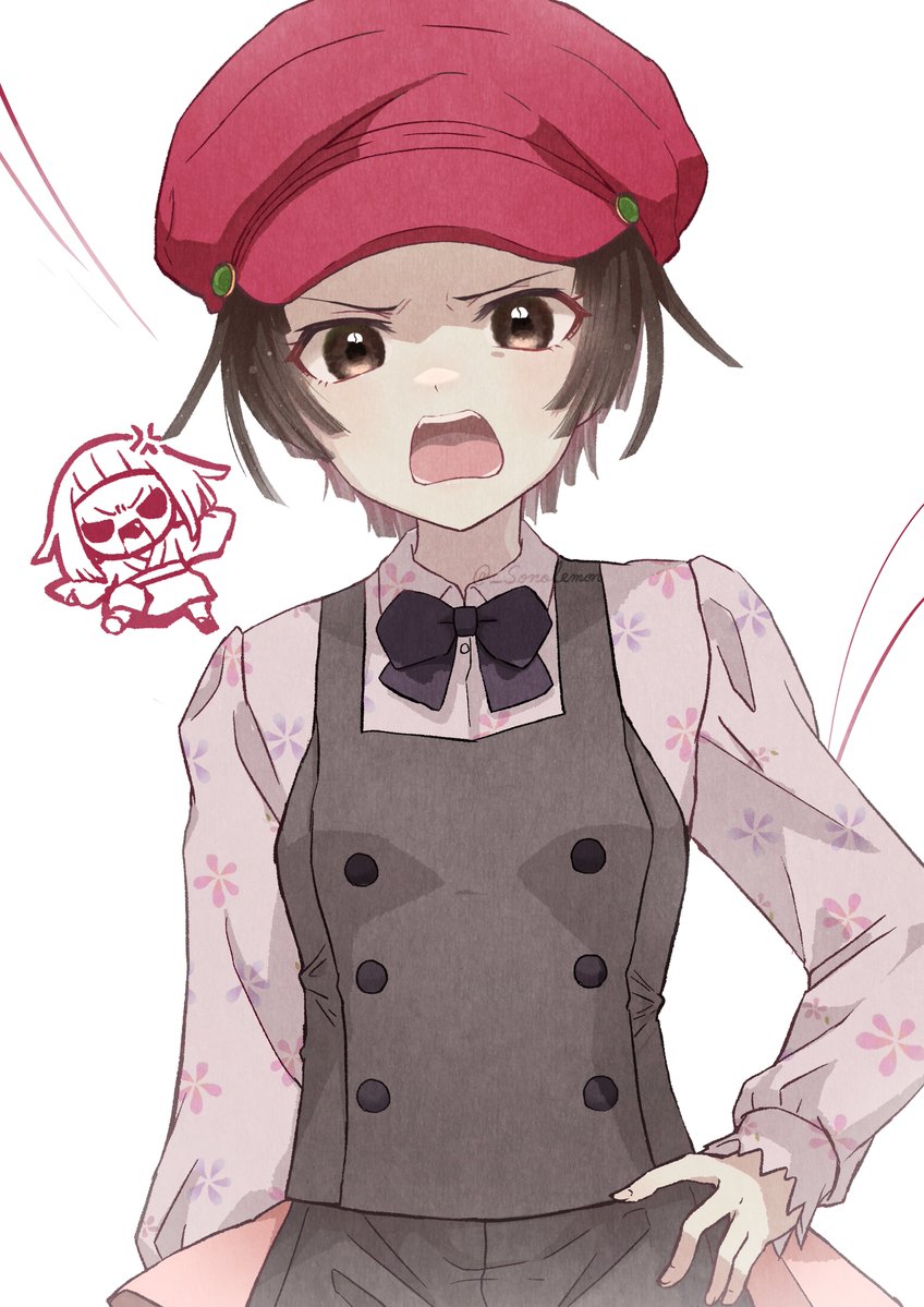 1girl, anger_vein, angry, arm_at_side, artist_name, black_bow, black_bowtie, bow