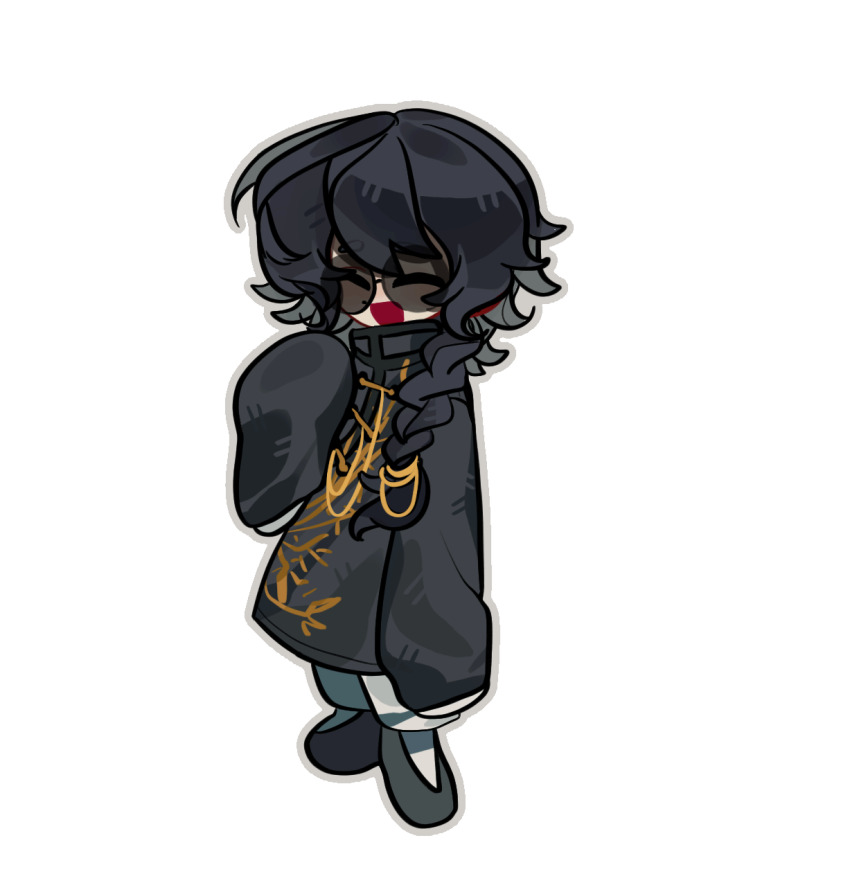 1boy, black_coat, black_hair, black_shoes, braid, chao_(xinjinjumin0493535), chinese_commentary, closed_eyes, coat, commentary_request, deformed, full_body, grey_outline, high_collar, highres, long_hair, long_sleeves, lu_mi, male_focus, mole, mole_on_cheek, open_mouth, outline, pants, round_eyewear, shoes, side_braid, simple_background, single_braid, sleeves_past_fingers, sleeves_past_wrists, smile, socks, solo, sunglasses, touqi_guaitan, white_background, white_pants, white_socks