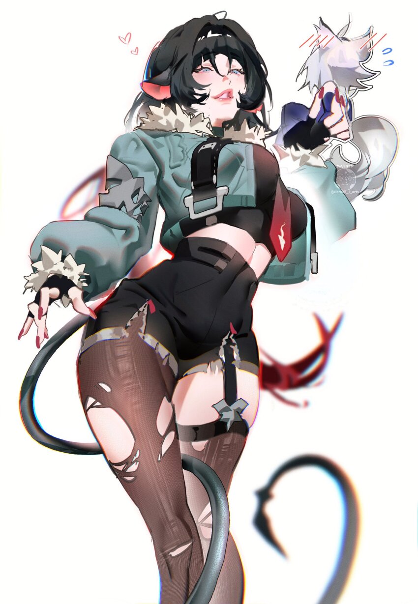 1boy, 1girl, black_pantyhose, black_shorts, black_thighhighs, blunt_bangs, blush, chromatic_aberration