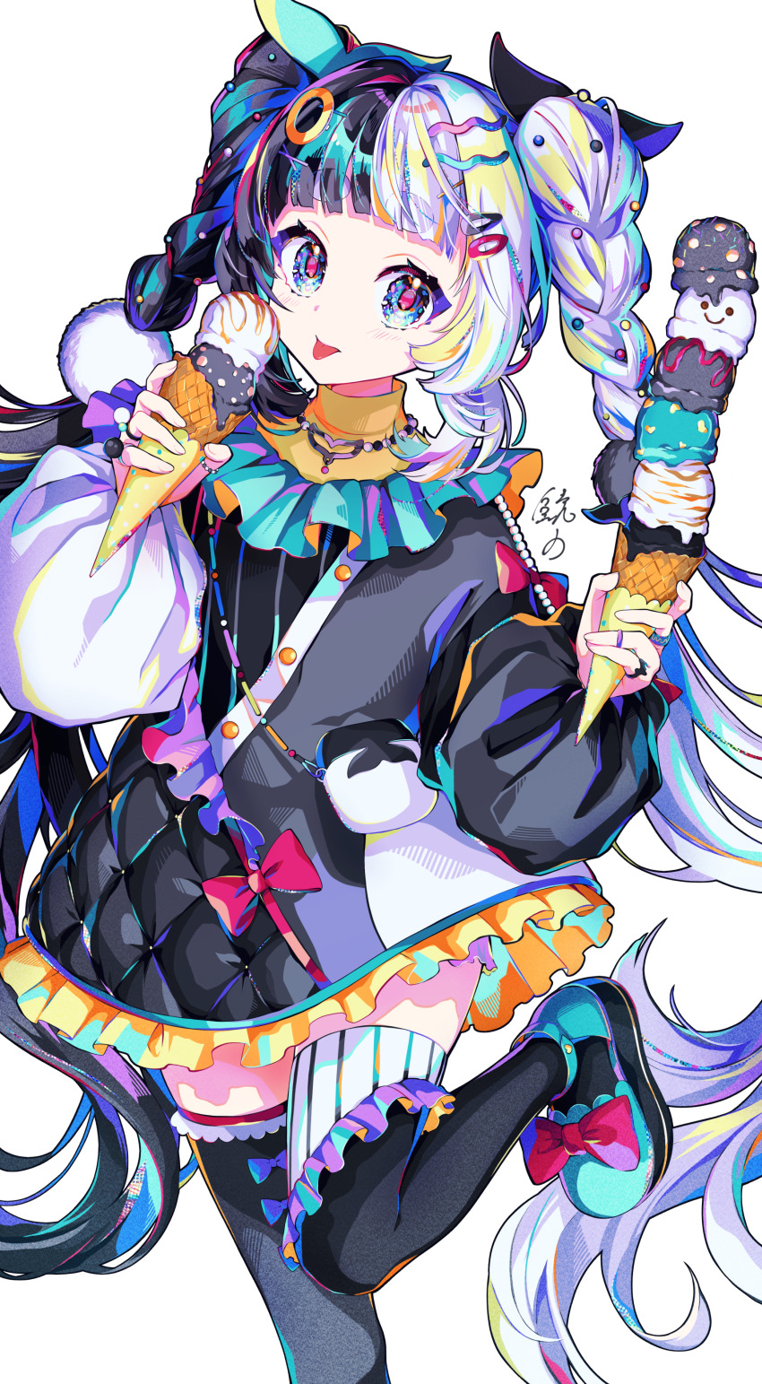 1girl, :p, absurdres, aqua_shoes, asymmetrical_legwear, bag, black_dress, black_hair