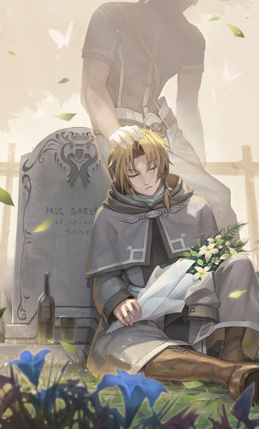 2boys, adpong, black_shirt, blue_flower, blurry, blurry_foreground, boots, bouquet