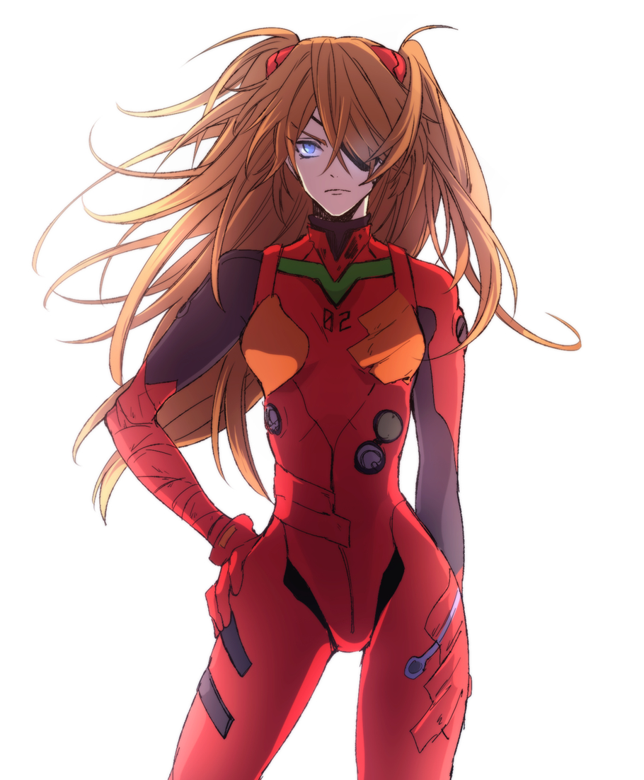 1girl, blue_eyes, bodysuit, cowboy_shot, evangelion:_3.0_you_can_(not)_redo, eyepatch, floating_hair, frown, glowing, glowing_eye, hair_over_one_eye, hand_on_own_hip, interface_headset_(evangelion), kkkaaaayyy, long_hair, looking_at_viewer, mecha_pilot_suit, neon_genesis_evangelion, orange_hair, plugsuit_(evangelion), rebuild_of_evangelion, red_bodysuit, simple_background, solo, souryuu_asuka_langley, two_side_up, v-shaped_eyebrows, white_background