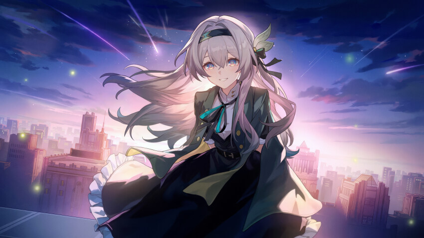 1girl, :d, absurdres, black_jacket, black_neckerchief, breasts, cityscape, collared_shirt