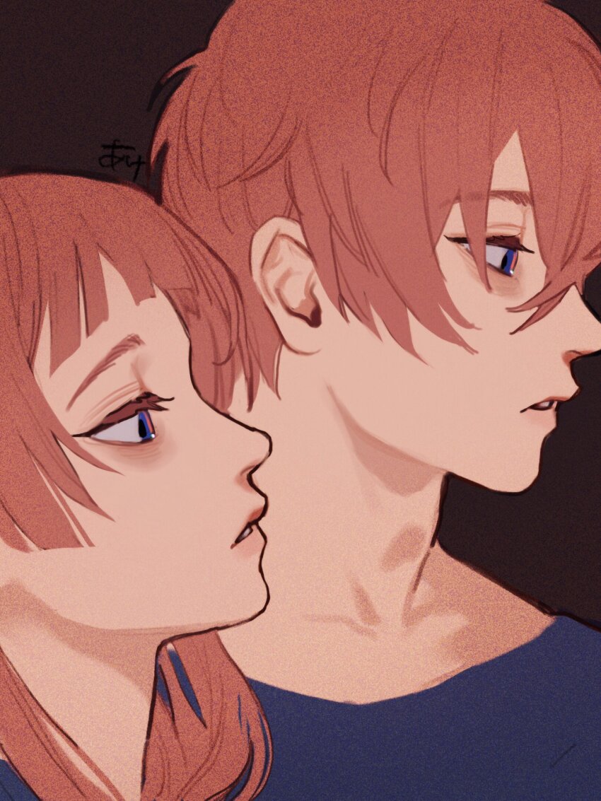 1boy, 1girl, ake_karashi, blue_eyes, borrowed_character, brother_and_sister, brown_background, commentary_request