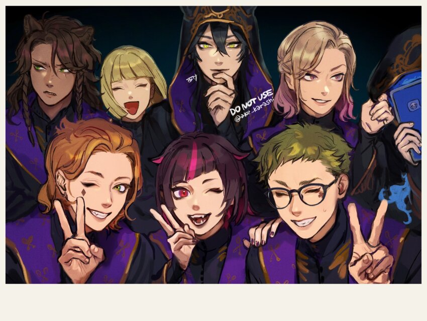 6+boys, ake_karashi, animal_ears, black_background, black_robe, blonde_hair, blue_hair, brown_hair