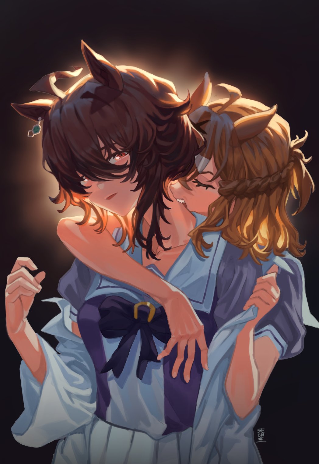 agnes_tachyon_(umamusume), ahoge, animal_ears, biting, blush, highres, horse_ears, horse_girl