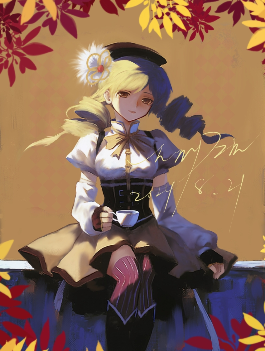 1girl, autumn_leaves, beret, blonde_hair, boots, bow, bowtie, corset
