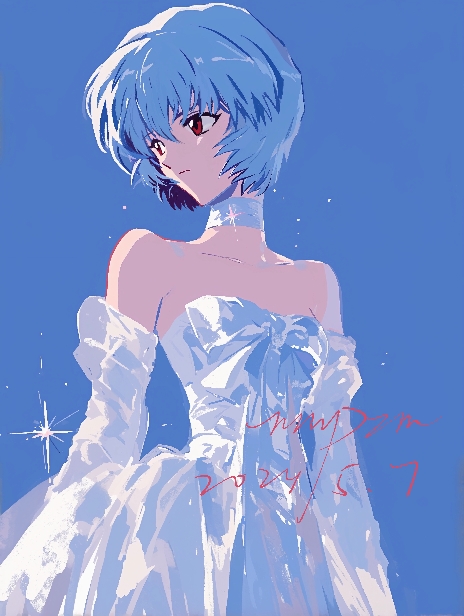 1girl, ayanami_rei, bare_shoulders, blue_background, blue_hair, blue_theme, choker, collarbone, commentary, dated, detached_sleeves, dress, expressionless, looking_to_the_side, neon_genesis_evangelion, nmpzm, red_eyes, short_hair, signature, simple_background, sleeveless, sleeveless_dress, solo, sparkle, standing, white_choker, white_dress