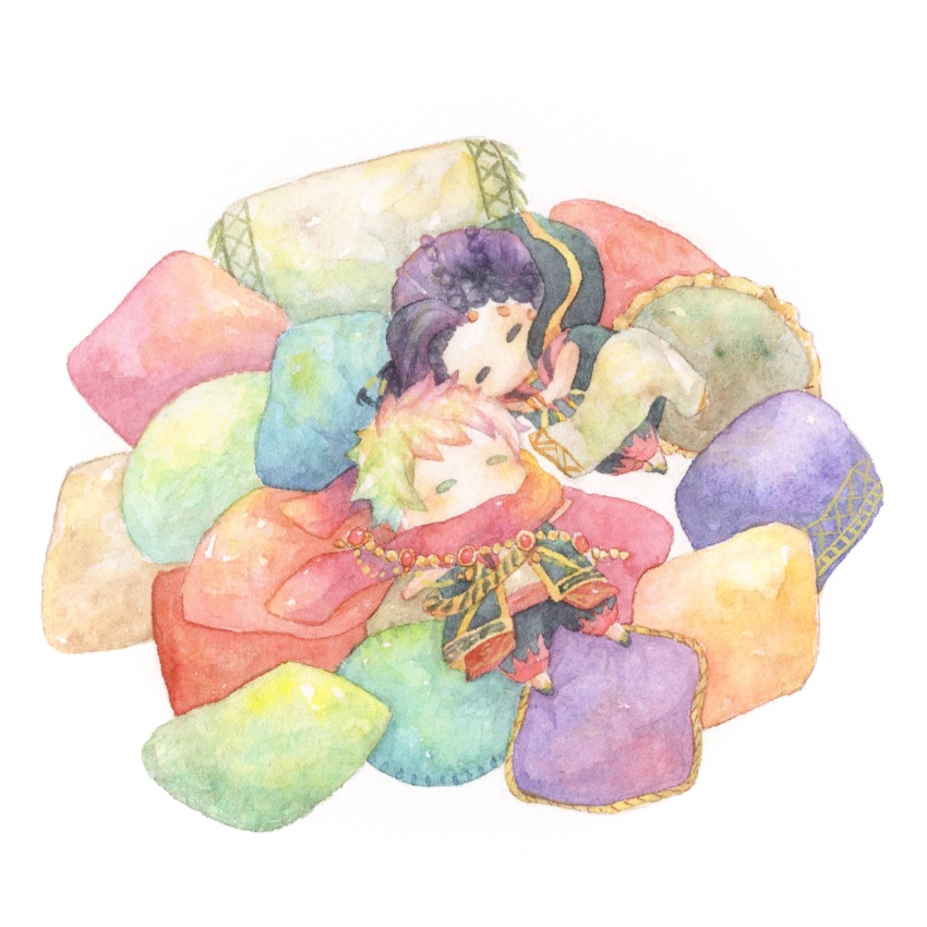 2boys, absurdres, arabian_clothes, chibi, commentary_request, full_body, highres, holding