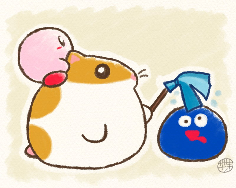 black_eyes, blush_stickers, bright_pupils, drooling, duster, full_body, gooey_(kirby), grey_background