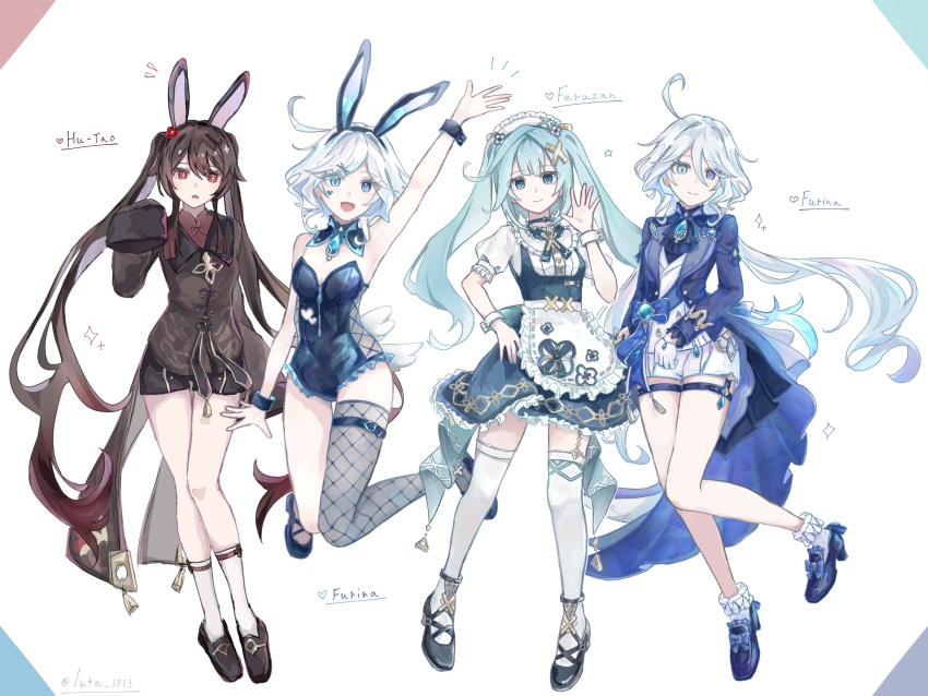 3girls, :d, absurdres, ahoge, alternate_costume, animal_ears, apron, aqua_hair