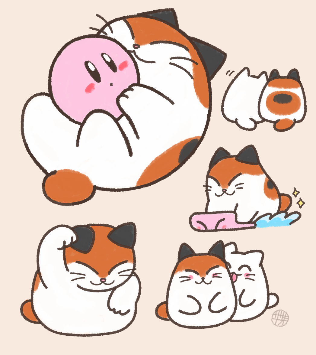 :3, animal_focus, calico_(pattern), cat, closed_eyes, commentary_request, kirby, kirby's_dream_land_3