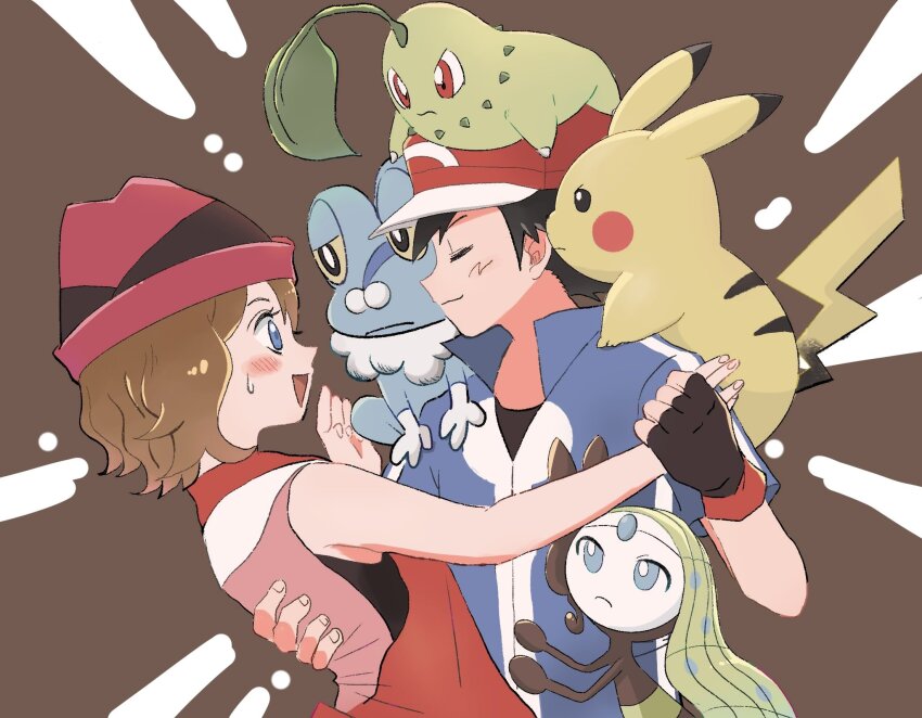 1boy, ash_ketchum, baseball_cap, black_hair, blue_eyes, blush, chikorita, closed_eyes