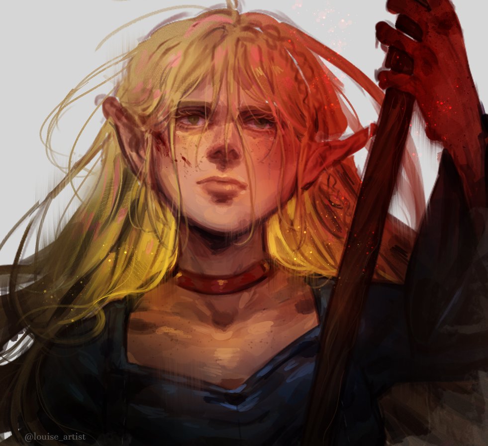 1girl, blonde_hair, blood, blood_on_face, blue_dress, choker, closed_mouth, commentary