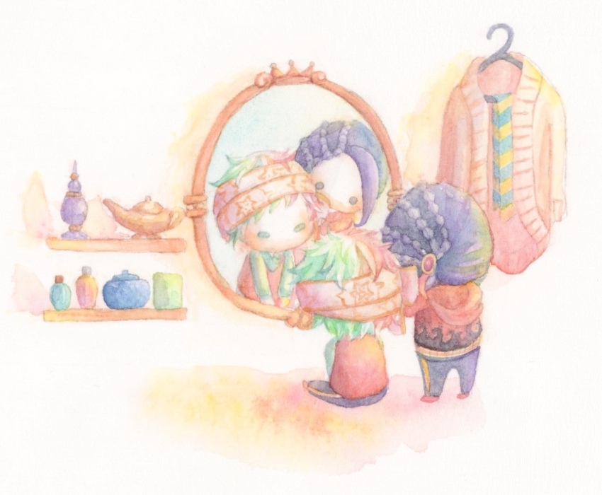 2boys, chibi, full_body, green_hair, indoors, jacket, jamil_viper, kalim_al-asim