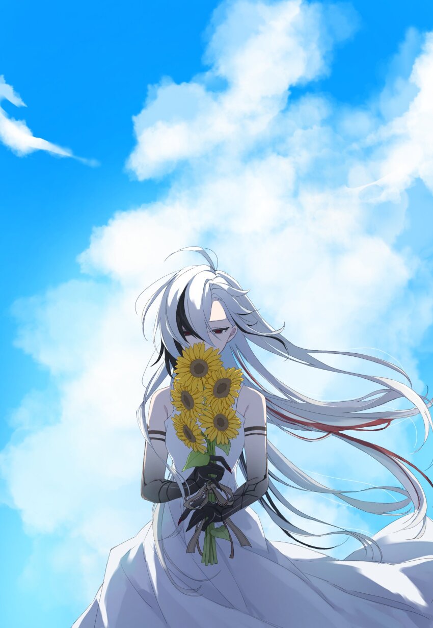 arlecchino_(genshin_impact), blue_sky, check_copyright, cloud, copyright_request, dress, floating_hair, flower