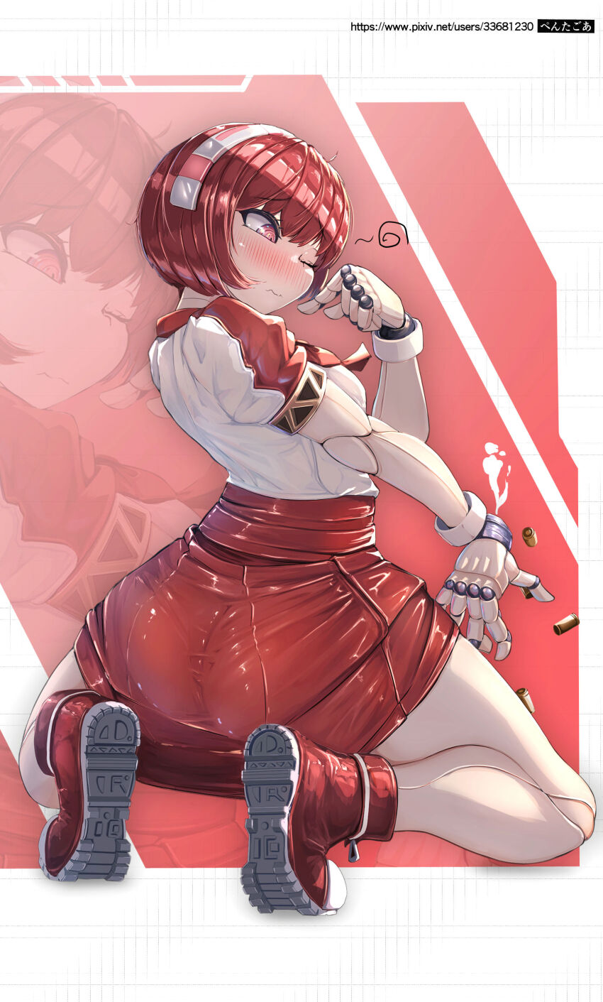 1girl, absurdres, android, ass, blush, bonta, boots, crossover, dorothy_haze, goddess_of_victory:_nikke, hairband, highres, kneeling, miniskirt, red_eyes, red_hair, short_hair, skirt, solo, thick_thighs, thighs, va-11_hall-a