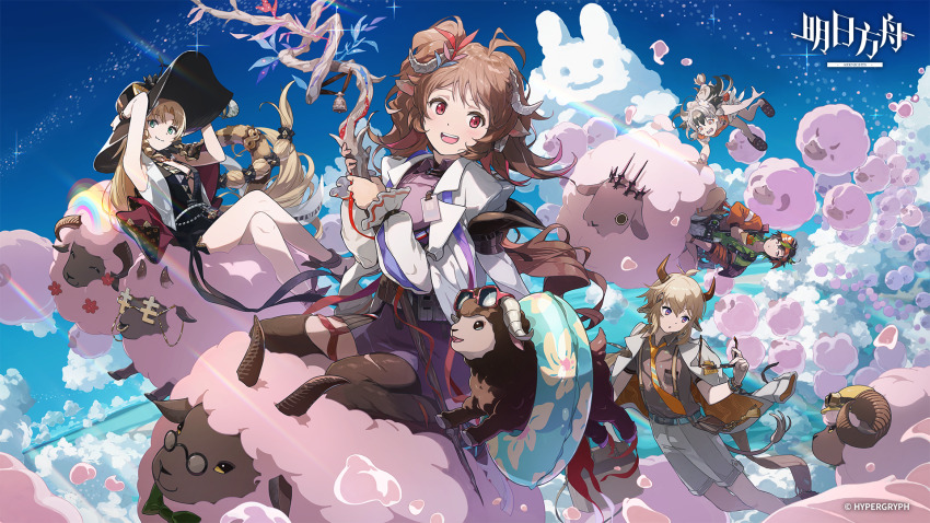 2boys, 3girls, :d, :o, animal_ears, arknights, arms_up, artist_request