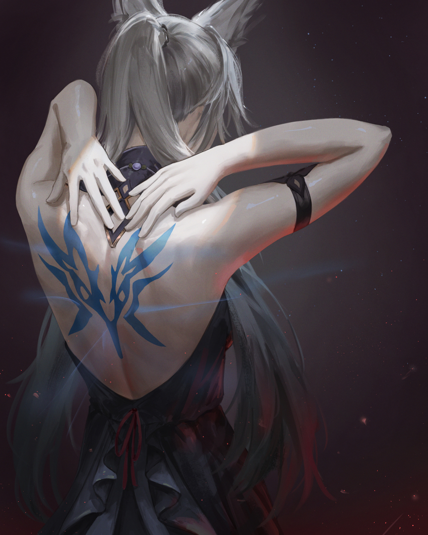 1girl, animal_ears, arm_strap, arms_behind_back, back_tattoo, backless_dress, backless_outfit, black_dress