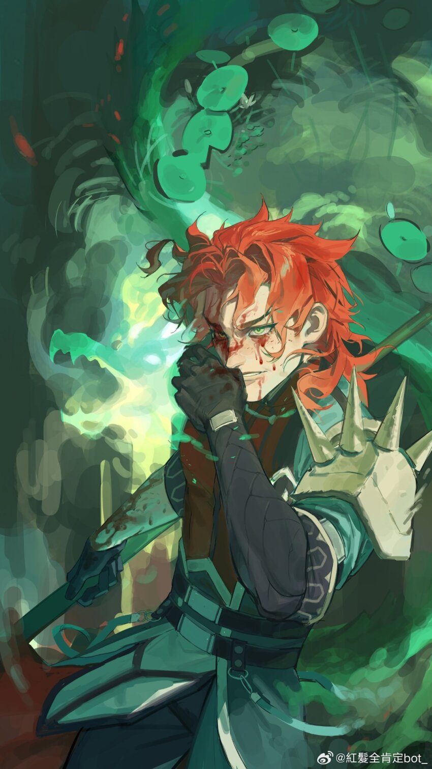 1boy, armor, ashina_kasa, asymmetrical_gloves, belt, black_gloves, blood, blood_on_clothes