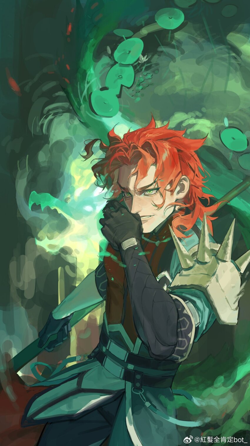 1boy, armor, ashina_kasa, asymmetrical_gloves, belt, black_gloves, chinese_clothes, cowboy_shot