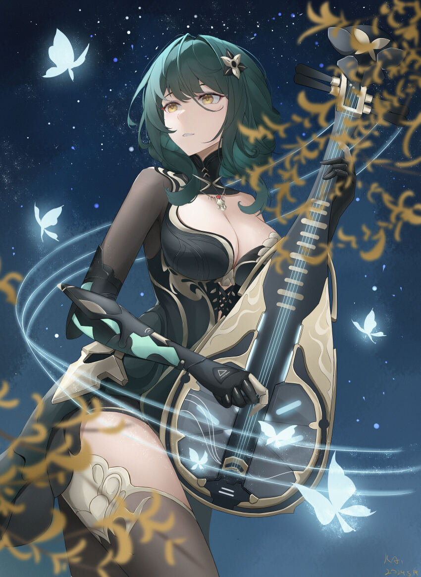 1girl, absurdres, artist_name, black_collar, black_thighhighs, blue_butterfly, breasts, bug