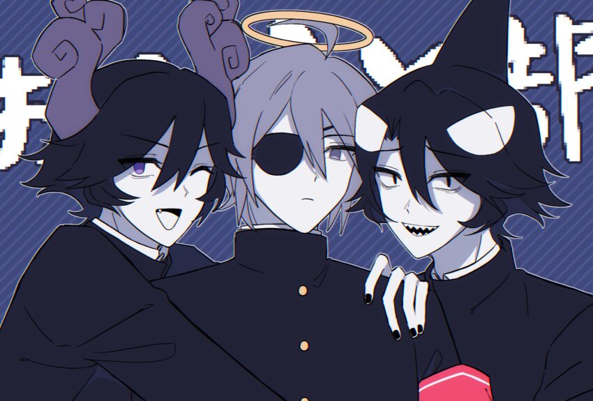 3boys, :d, angel, angel_and_devil, black_hair, black_nails, blue_background, colored_skin, commentary, demon_boy, demon_horns, double-parted_bangs, expressionless, eyepatch, fang, fins, funamusea, gakuran, grenade72015524, grey_eyes, grey_hair, hair_between_eyes, happy, highres, horns, hug, idate_(funamusea), male_focus, multicolored_hair, multiple_boys, open_mouth, orca_boy, purple_eyes, satanick_(funamusea), school_uniform, sharp_teeth, short_hair, smile, striped_background, teeth, two-tone_hair, very_short_hair, white_hair, white_skin, wodahs_(funamusea)