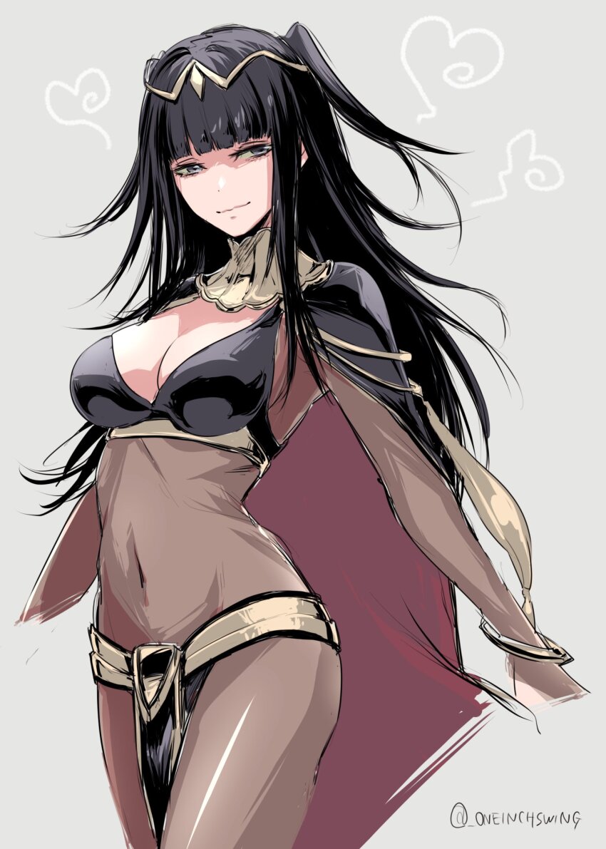 1girl, black_eyes, black_hair, blunt_bangs, bodystocking, breasts, cape, cleavage, closed_mouth, covered_navel, fire_emblem, fire_emblem_awakening, grey_background, highres, light_smile, long_hair, looking_at_viewer, nintendo, pelvic_curtain, short_twintails, solo, tharja_(fire_emblem), tiara, twintails, twitter_username, umi_(oneinchswing)