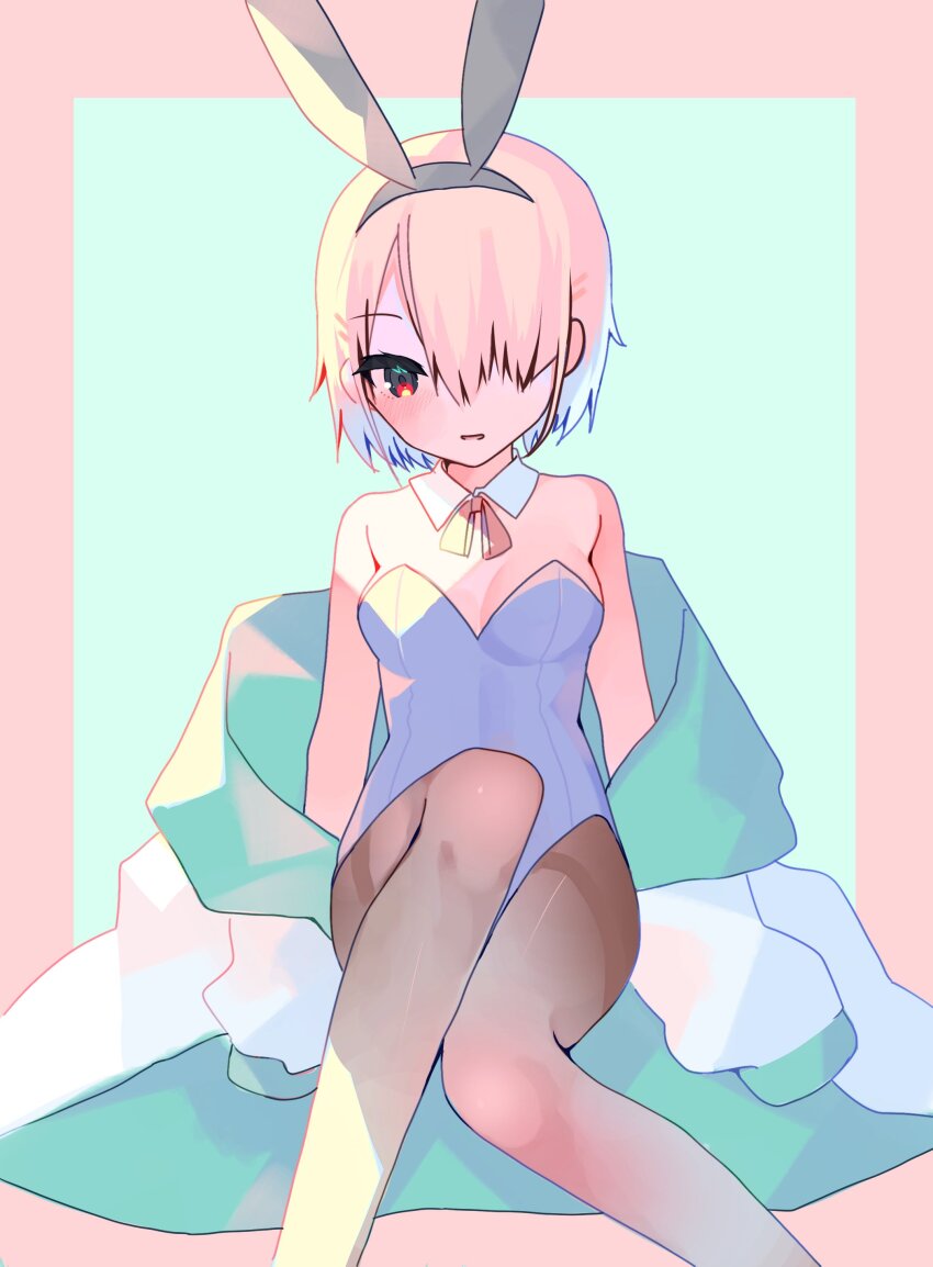 10_(sei), 1girl, absurdres, animal_ears, black_pantyhose, blonde_hair, coat, fake_animal_ears, hair_ornament, hair_over_one_eye, heaven_burns_red, highleg, highleg_leotard, highres, kayamori_ruka, leotard, one_eye_covered, pantyhose, playboy_bunny, rabbit_ears, rabbit_tail, red_eyes, short_hair, solo, strapless, strapless_leotard, tail