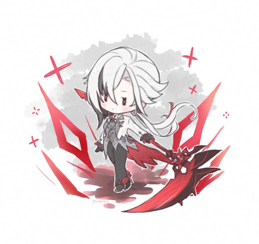 1girl, arlecchino_(genshin_impact), black_eyes, black_hair, chibi, coat, crimson_moon's_semblance_(genshin_impact), genshin_impact