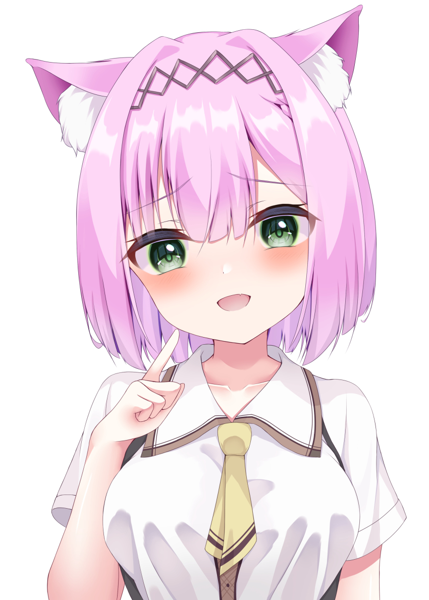 1girl, absurdres, animal_ear_fluff, animal_ears, black_hairband, blunt_bangs, blush, bob_cut, cat_ears, collarbone, collared_shirt, commentary_request, cool_squid398, fang, green_eyes, hairband, hand_up, highres, index_finger_raised, kemonomimi_mode, looking_at_viewer, medium_hair, necktie, open_mouth, pink_hair, raised_eyebrows, school_uniform, shirt, short_necktie, short_sleeves, simple_background, skin_fang, smile, solo, straight_hair, tanikaze_amane, tenshi_souzou_re-boot!, upper_body, white_background, white_shirt, yellow_necktie