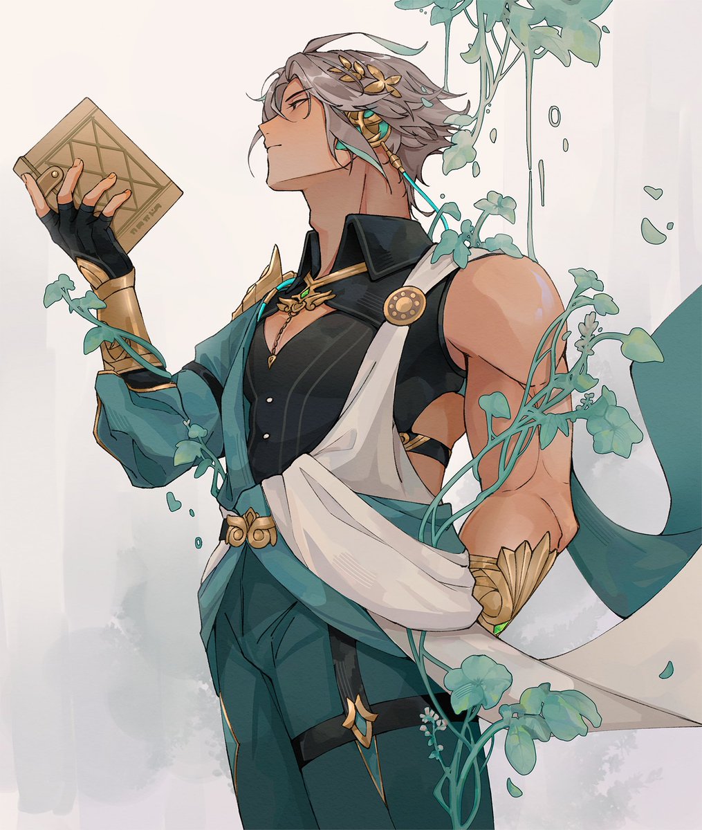 1boy, alhaitham_(genshin_impact), ancient_greek_clothes, biceps, black_gloves, black_shirt, book, cable