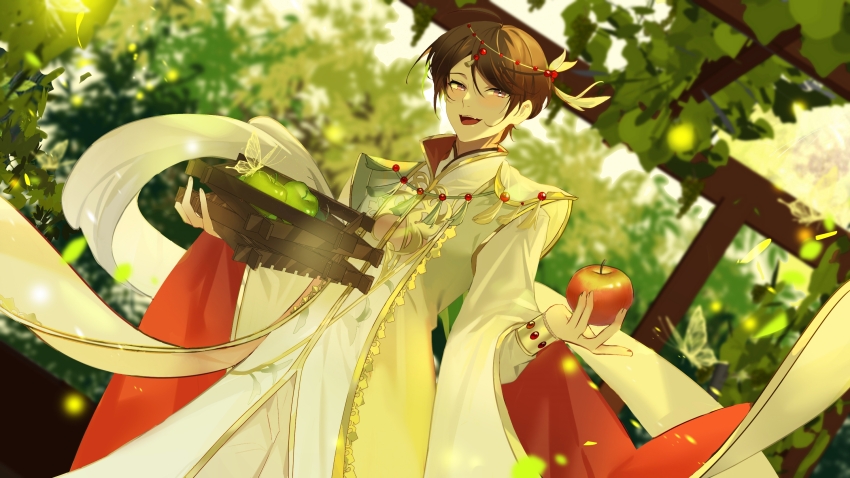 1boy, :d, apple, aqua_coat, arabian_clothes, box, brown_hair, bug, butterfly, cherry_biluo_(the_tale_of_food), chinese_clothes, coat, cowboy_shot, dutch_angle, falling_leaves, feather_hair_ornament, feathers, food, fruit, gem, gold_trim, hair_ornament, head_chain, heysonglu, highres, holding, holding_box, holding_food, holding_fruit, insect, jewelry, leaf, long_sleeves, looking_at_viewer, male_focus, open_mouth, outdoors, pants, plant, purple_eyes, red_gem, robe, shawl, sleeveless, sleeveless_coat, smile, solo, standing, swept_bangs, the_tale_of_food, tree, trellis, two-sided_fabric, vines, white_butterfly, white_pants, white_robe, white_shawl, wide_sleeves