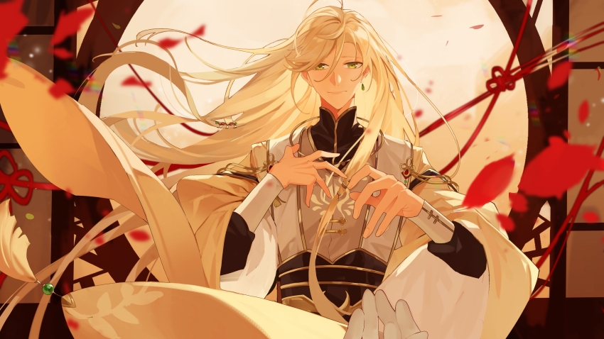 1boy, ahoge, black_sash, black_shirt, blonde_hair, chinese_clothes, chinese_knot, closed_mouth, earrings, falling_petals, gem, gold_trim, green_eyes, green_gem, hair_between_eyes, hand_on_own_chest, hands_up, hanfu, heysonglu, highres, jewelry, long_hair, long_sleeves, looking_at_viewer, male_focus, petals, pov, pov_hands, reaching, reaching_towards_viewer, robe, round_window, sash, shirt, smile, solo, straight-on, tassel, the_tale_of_food, upper_body, wide_sleeves, wind, window, yangzhou_fried_rice_(the_tale_of_food), yellow_robe