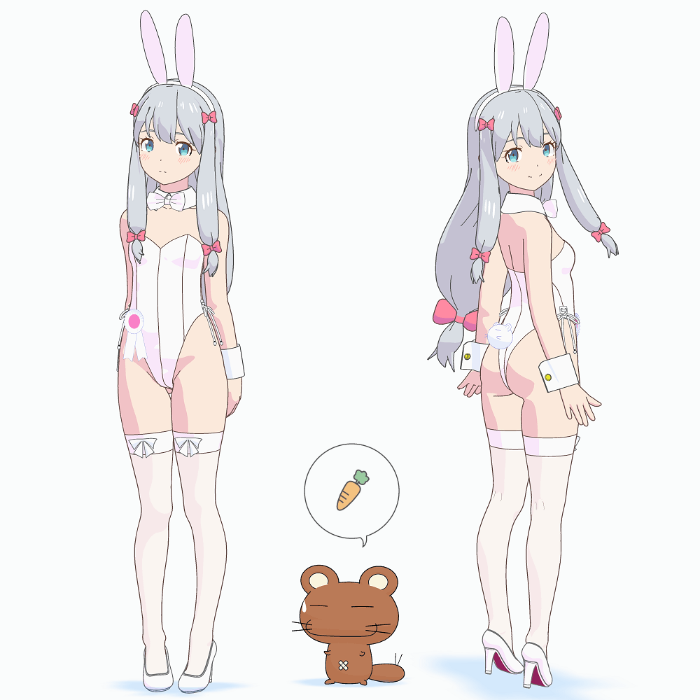 1girl, animal_ears, ass, award_ribbon, bare_shoulders, blue_eyes, blush, bow