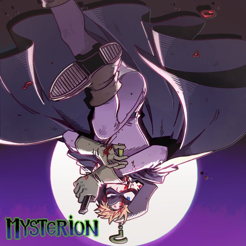 1boy, ?, black_cape, blonde_hair, blood, blood_drip, blood_on_face, blood_on_hands, blue_eyes, bodysuit, cape, character_name, commentary, drop_shadow, english_commentary, eye_mask, full_moon, good_meal, grey_bodysuit, highres, kenny_mccormick, mask, moon, mysterion, night, short_hair, solo, south_park, south_park:_the_fractured_but_whole, starless_night, superhero_costume, teeth, upside-down