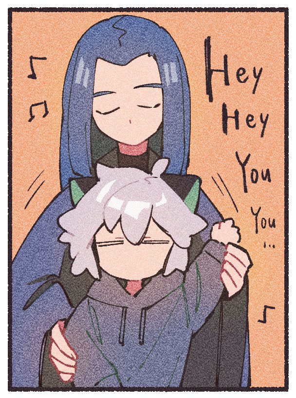 2boys, ahoge, black_hoodie, blue_coat, blue_hair, border, closed_eyes, coat