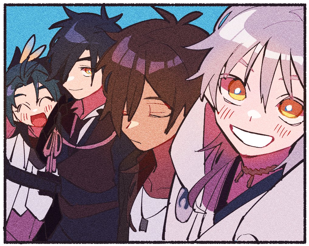 4boys, armor, black_armor, black_hair, blue_background, blush, closed_eyes, closed_mouth