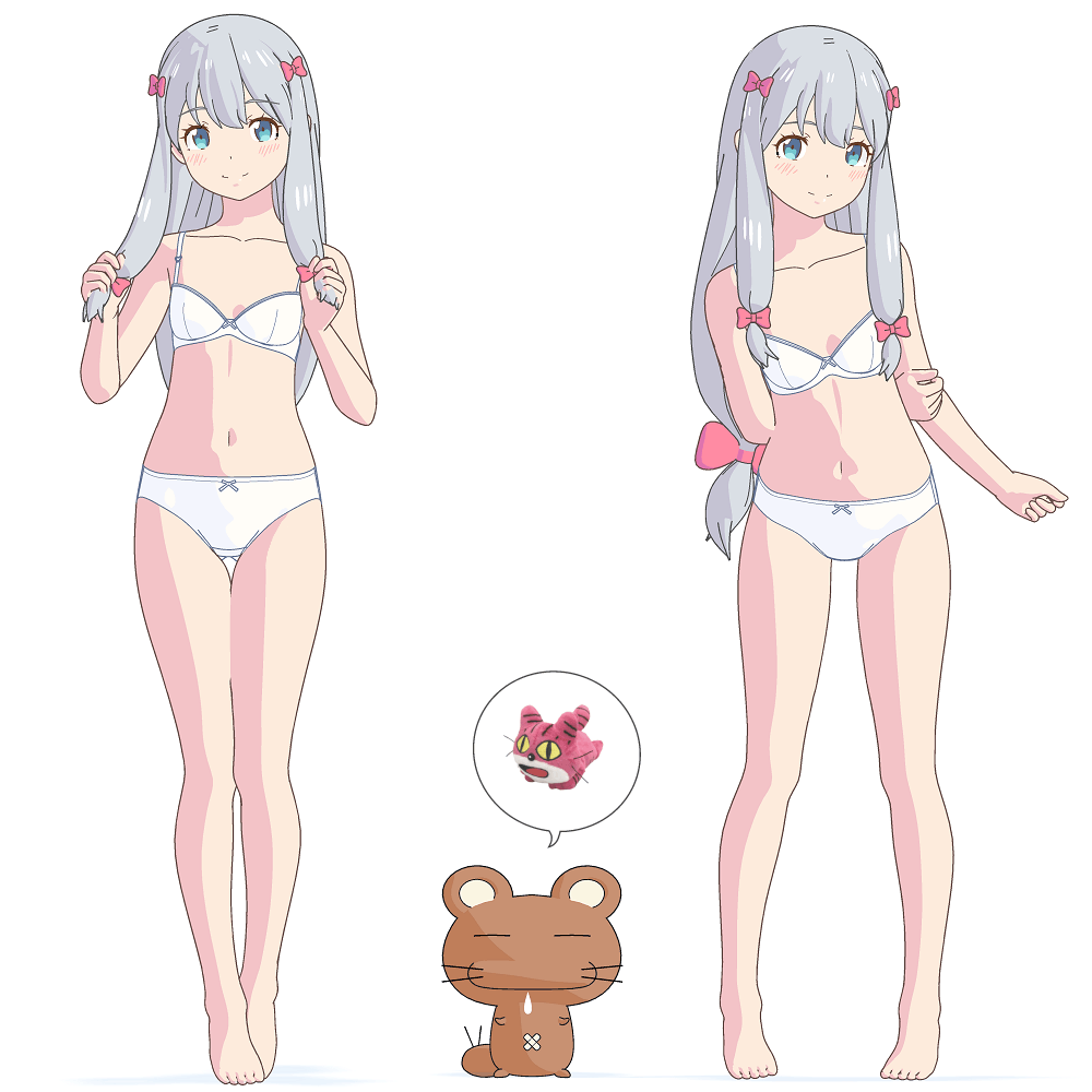 1girl, barefoot, blue_eyes, bow, bra, breasts, commentary_request, eromanga_sensei