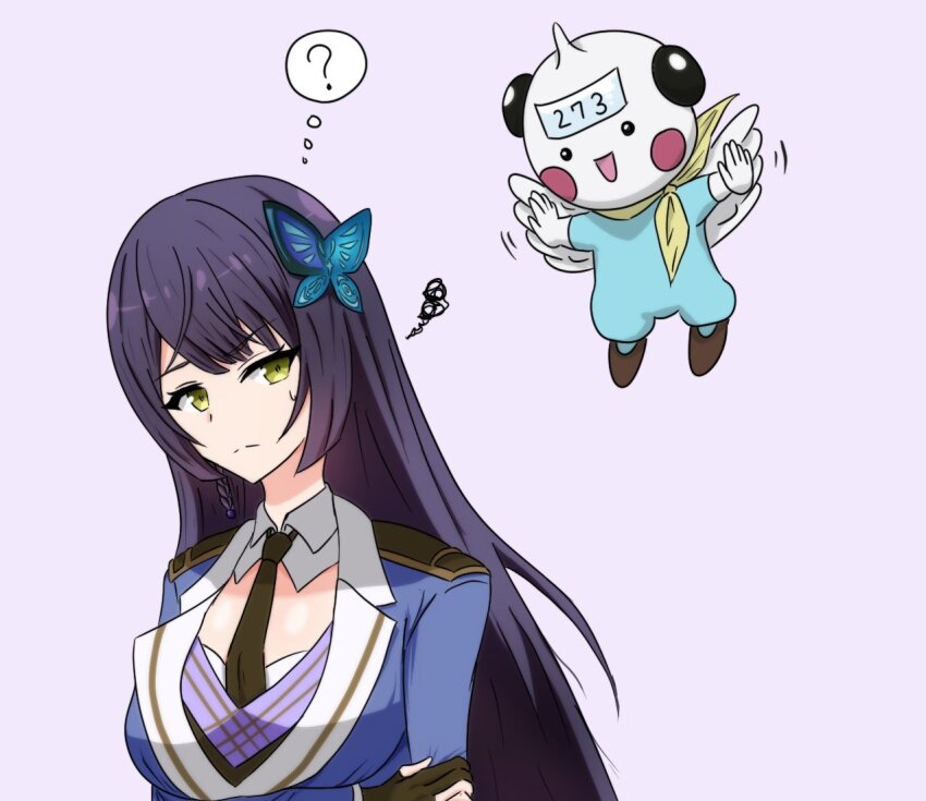 1girl, 1other, :d, ?, arm_at_side, arm_under_breasts, assault_lily, black_gloves