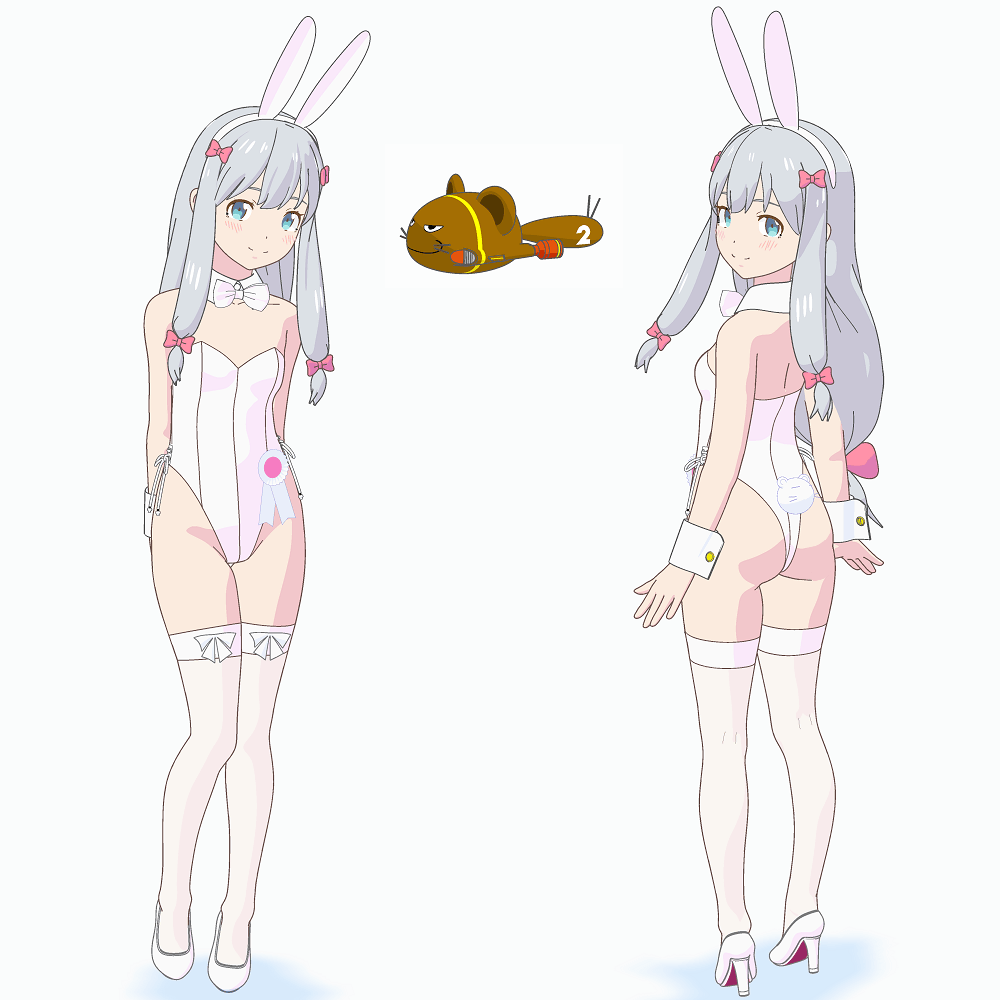 1girl, animal_ears, ass, award_ribbon, bare_shoulders, blue_eyes, blush, bow, bow_legwear, bowtie, breasts, bunny_day, carrot, closed_mouth, commentary_request, detached_collar, eromanga_sensei, fake_animal_ears, fake_tail, full_body, grey_hair, groin, hair_bow, high_heels, izumi_sagiri, leotard, long_hair, looking_at_viewer, low-tied_long_hair, multiple_views, pink_bow, playboy_bunny, poporon_(henkuma), rabbit_ears, rabbit_tail, sidelocks, simple_background, small_breasts, smile, speech_bubble, spoken_food, standing, strapless, strapless_leotard, stuffed_squirrel, tail, thighhighs, very_long_hair, white_background, white_bow, white_bowtie, white_footwear, white_leotard, white_thighhighs, white_wrist_cuffs, wrist_cuffs