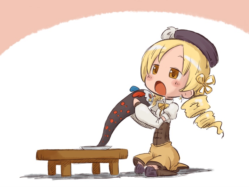 10s, 1girl, blush_stickers, charlotte_(madoka_magica), drill_hair, eating, kneeling, mahou_shoujo_madoka_magica