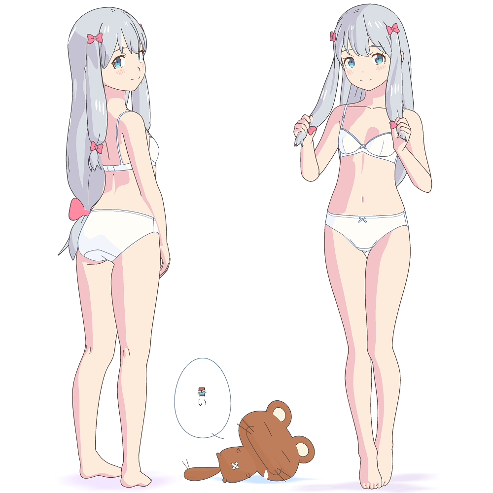 1girl, barefoot, blue_eyes, bow, bra, breasts, commentary_request, eromanga_sensei, full_body, grey_hair, hair_bow, izumi_sagiri, long_hair, looking_at_viewer, low-tied_long_hair, multiple_views, panties, pink_bow, poporon_(henkuma), simple_background, small_breasts, standing, stuffed_squirrel, translation_request, underwear, underwear_only, white_background, white_bra, white_panties