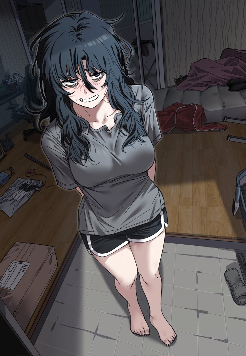 1girl, arms_behind_back, bag, bags_under_eyes, balcony, barefoot, black_cat, black_eyes